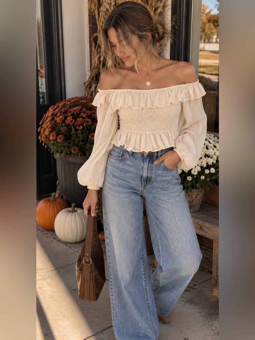 En Saison Romantic Boho Ruffle Crop Top | Cream Ivory Sheer Long Sleeve | Size S